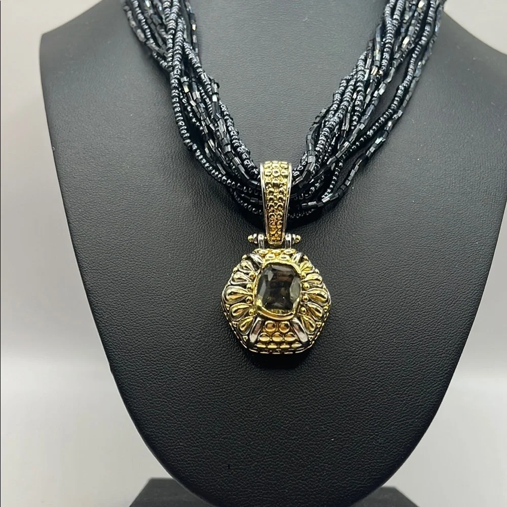 Elegant Black Beaded Necklace with Gold and Silver tone Pendant with Quartz